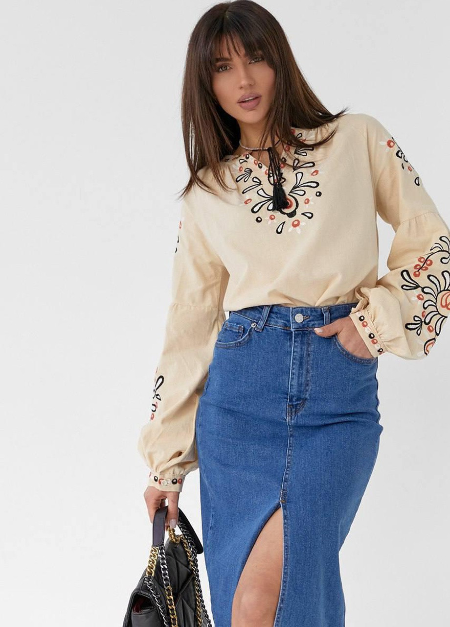 Бежевая женская бежевая вышиванка, хлопковая блузка с вышивкой рукав фонарик s m l(42 44 46) (258486818)