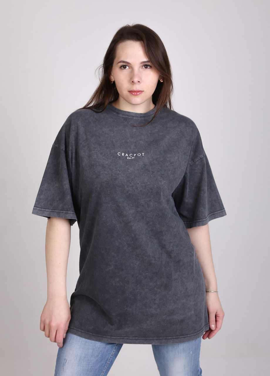 Серая всесезон футболка женская серая вареная удлиненная широкая с коротким рукавом Cracpot Удлиненная