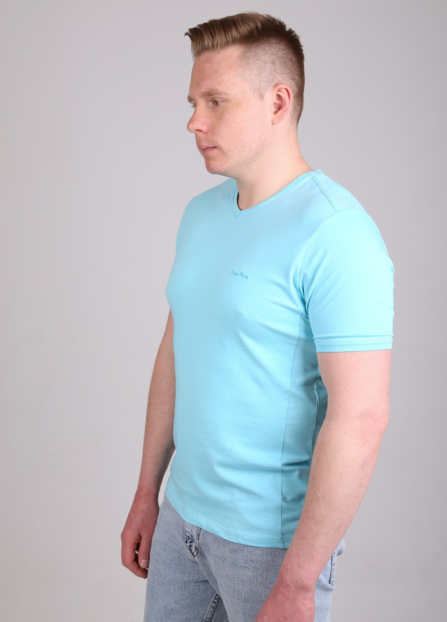 Голубая футболка мужская голубая с мысом однотонная стрейчевая с коротким рукавом Jean Piere Прямая