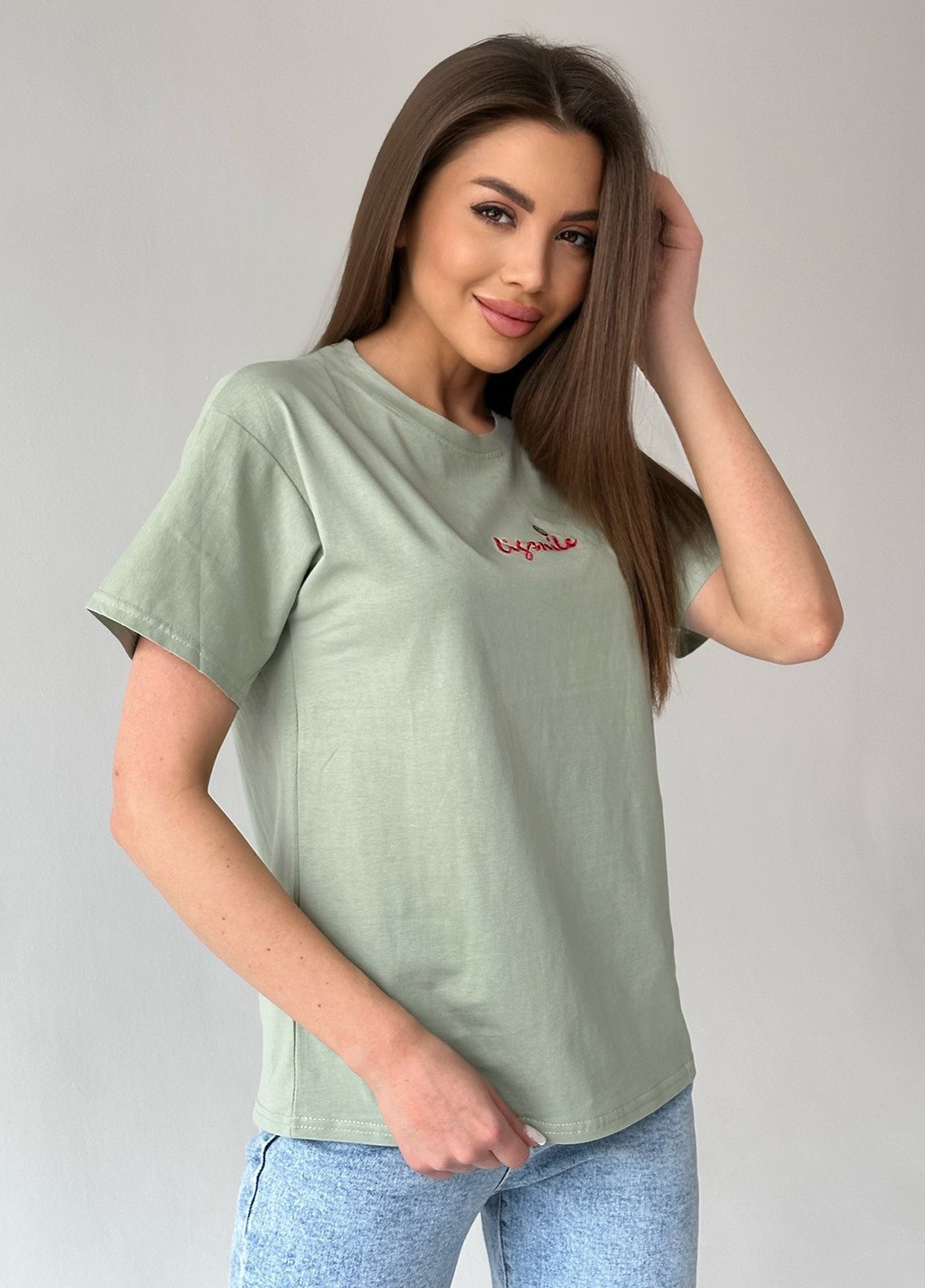Оливкова літня футболка жіноча з коротким рукавом ISSA PLUS WN20-421