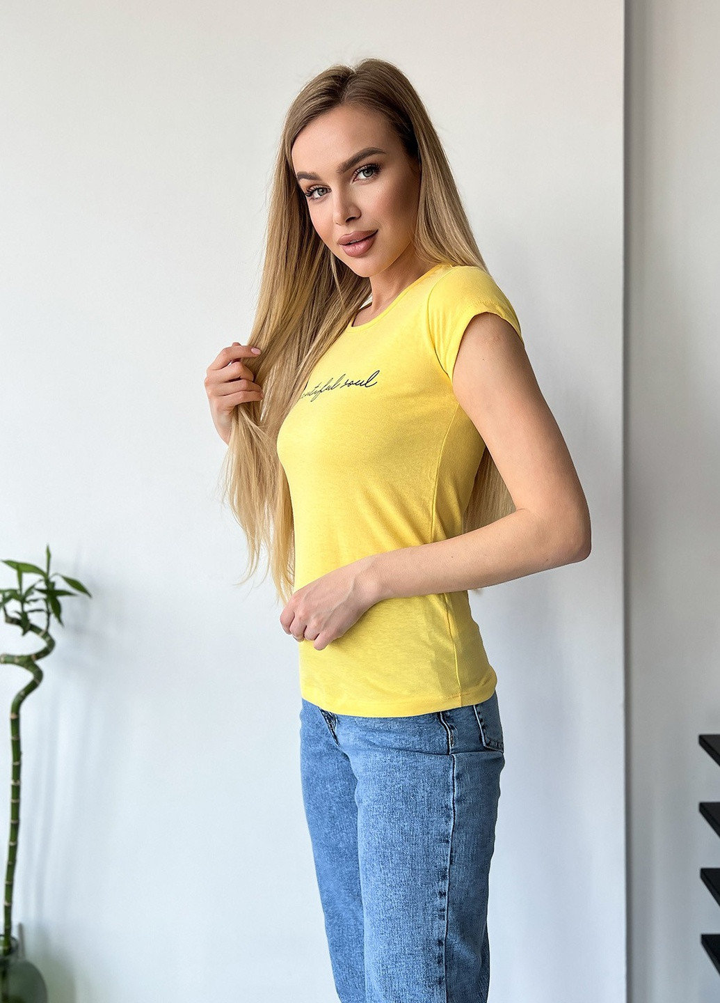 Жовта літня футболка жіноча з коротким рукавом ISSA PLUS WN20-437