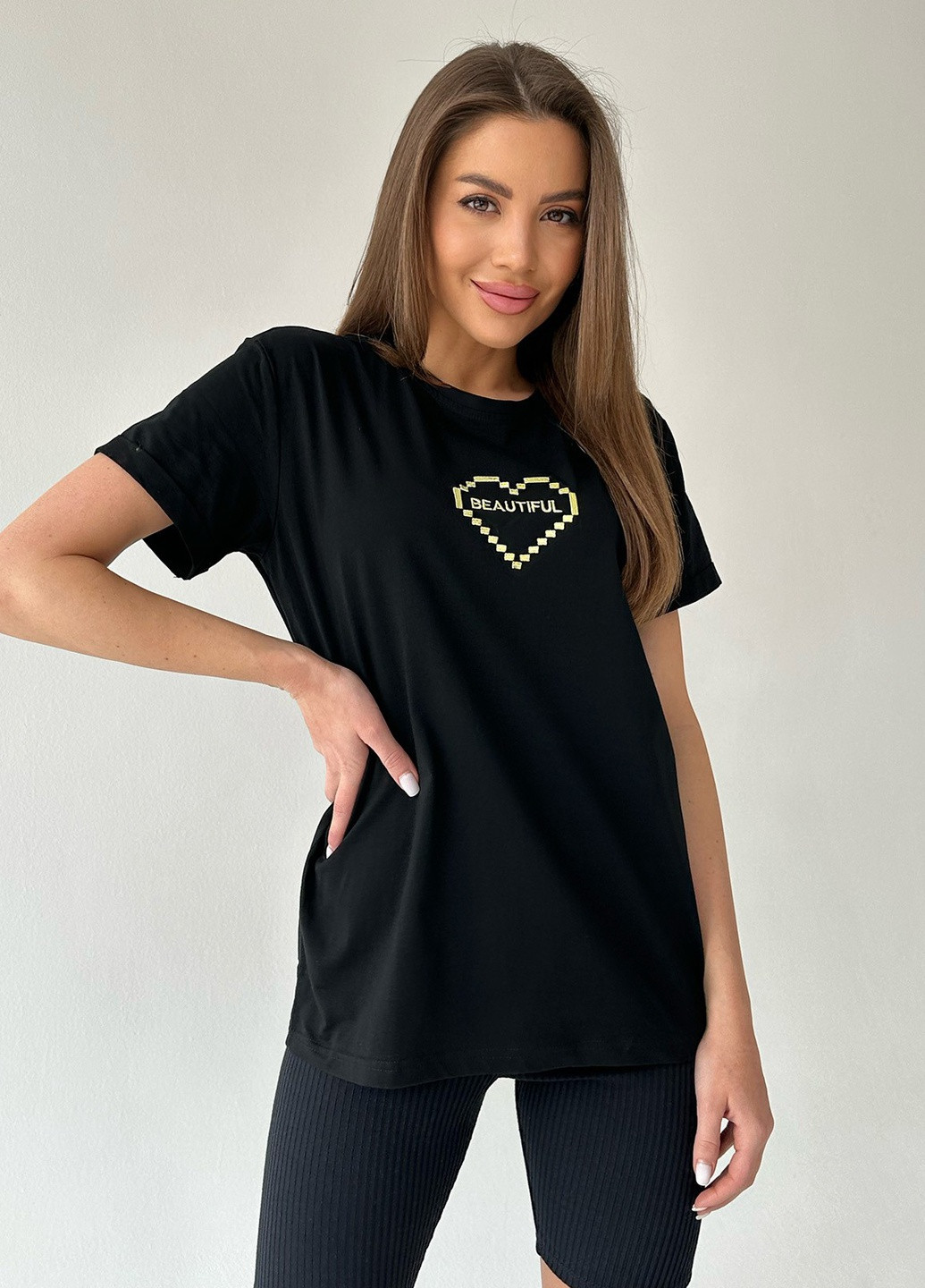 Чорна літня футболка жіноча з коротким рукавом ISSA PLUS WN20-450