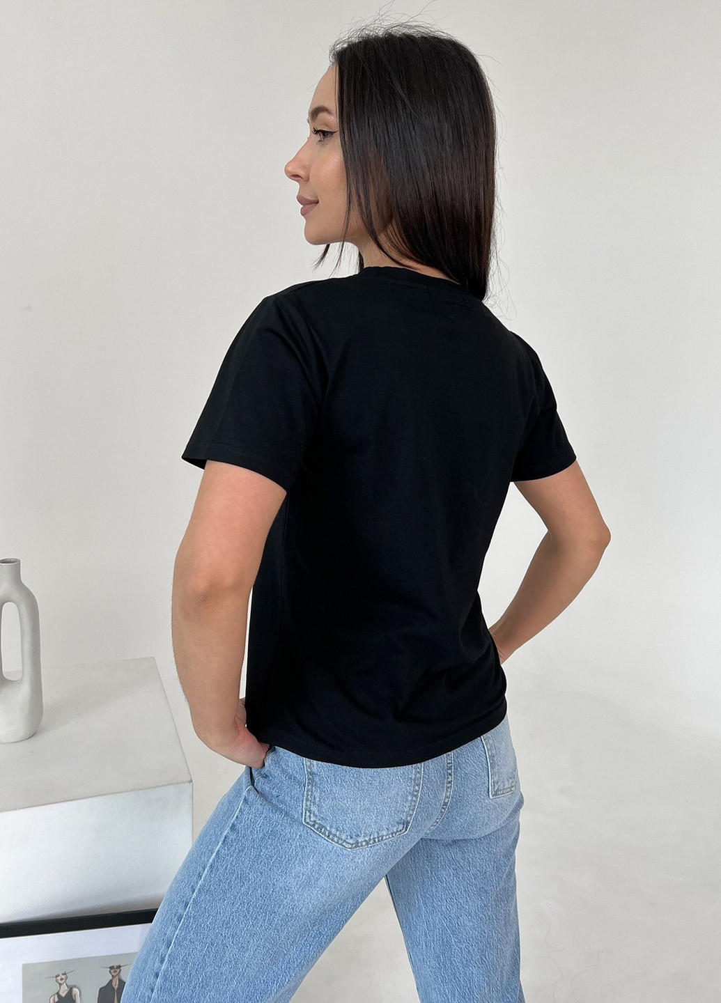 Чорна літня футболка жіноча з коротким рукавом ISSA PLUS WN20-463