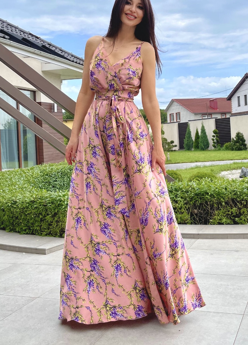 Пудрова повсякденний елегантна сукня на тонких бретелях Jadone Fashion з квітковим принтом
