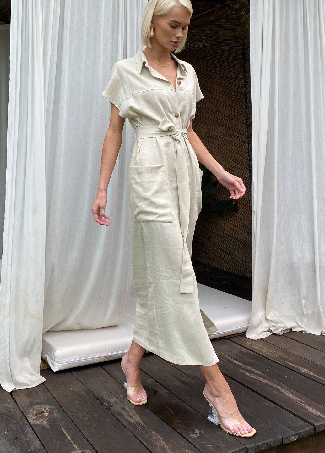 Бежева повсякденний подовжене плаття-сорочка з льняної тканини Jadone Fashion однотонна