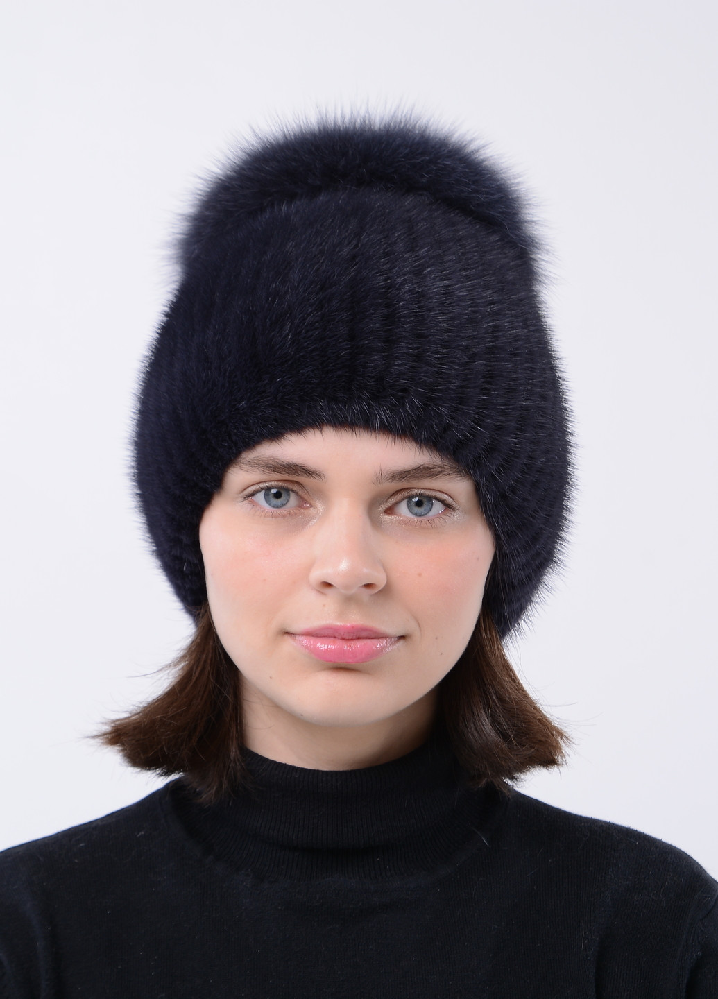 Женская вязаная норковая шапка с бубоном Меховой Стиль бини с помпоном (258590224)