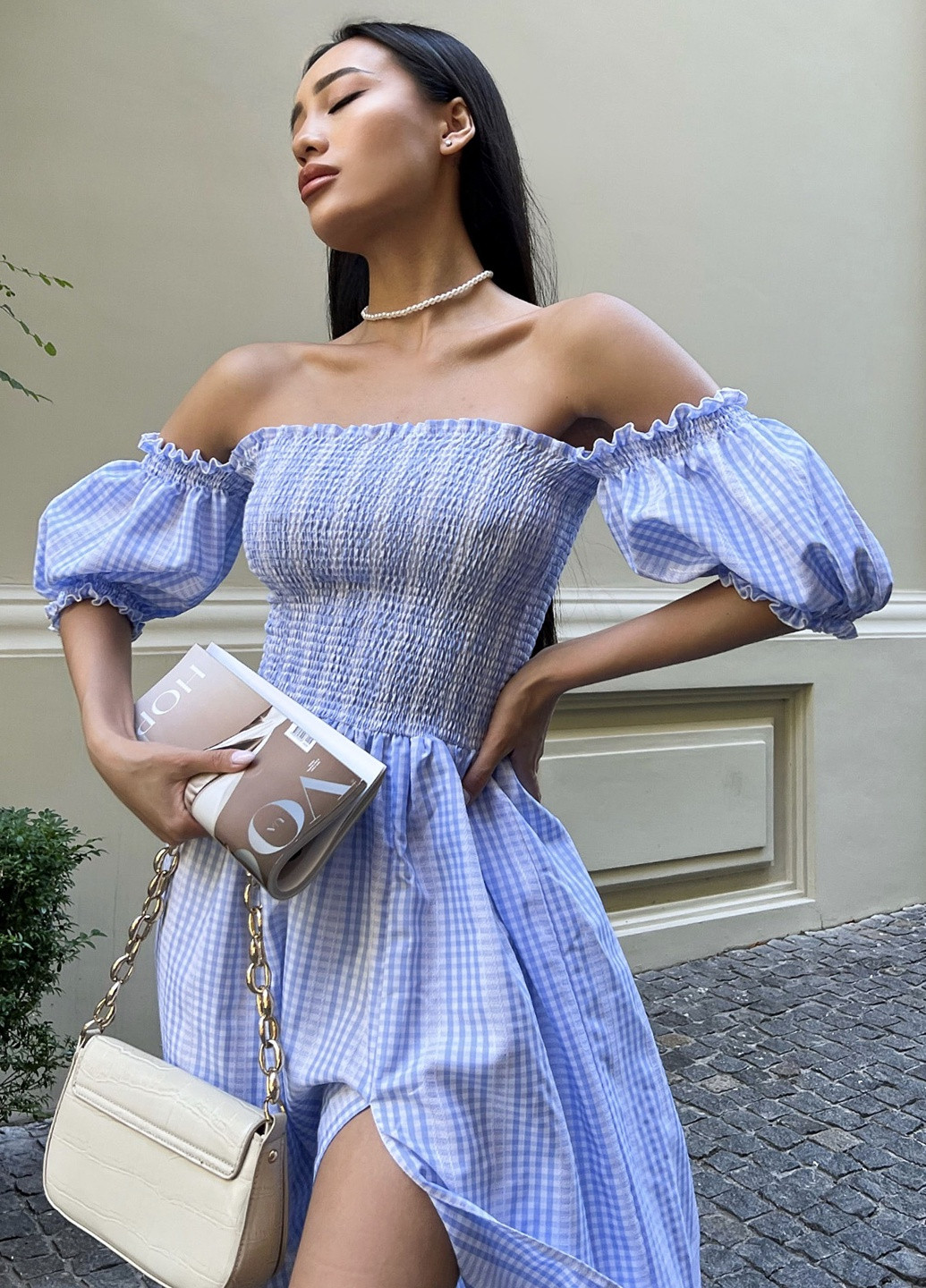 Голубое повседневный оригинальное летнее платье из воздушной ткани в клетку Jadone Fashion в клетку