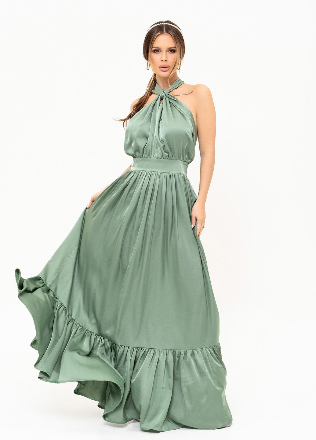Оливкова повсякденний сукня жіноча з відкритою спиною ISSA PLUS однотонна