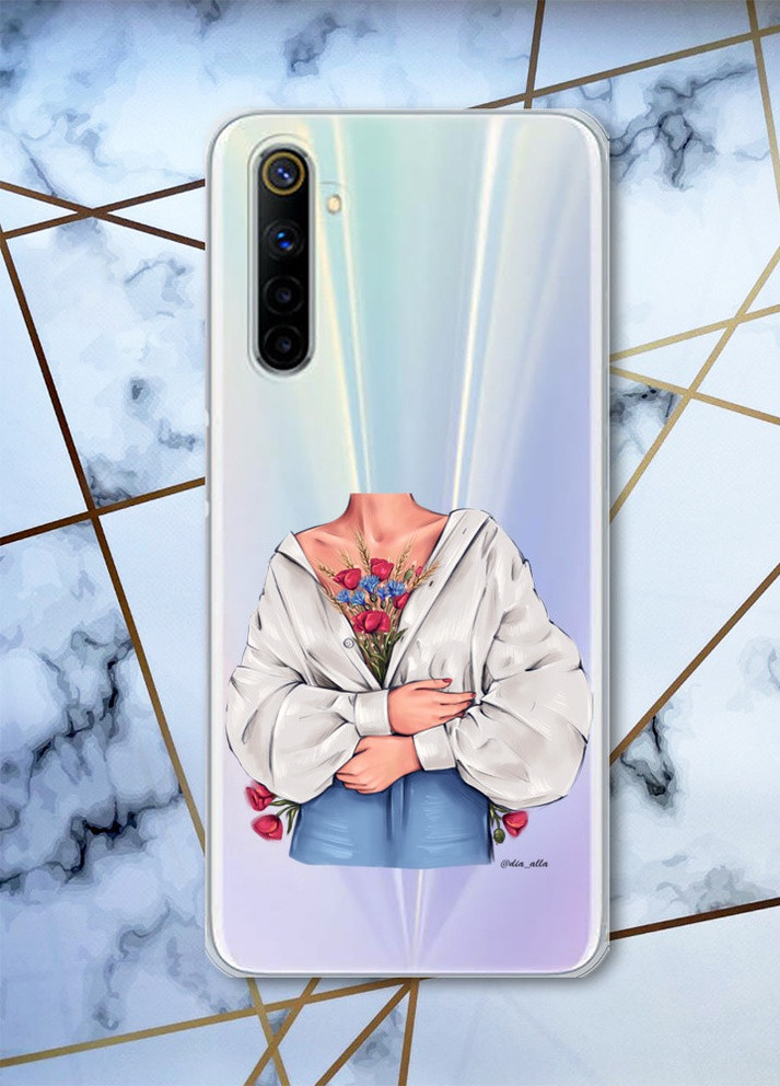 Прозрачный чехол на Realme 6 рельефный дизайн Силуэт с маками принт 18 Creative (258627231)