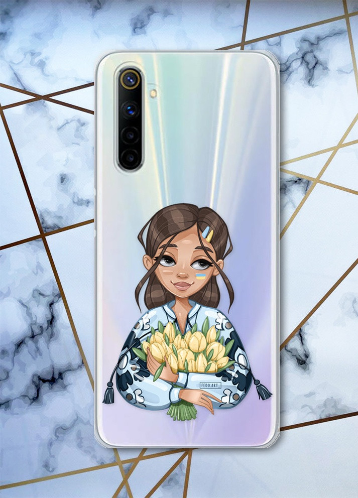 Прозрачный чехол на Realme 6 патриотический дизайн Девушка с тюльпанами принт 22 Creative (258627035)