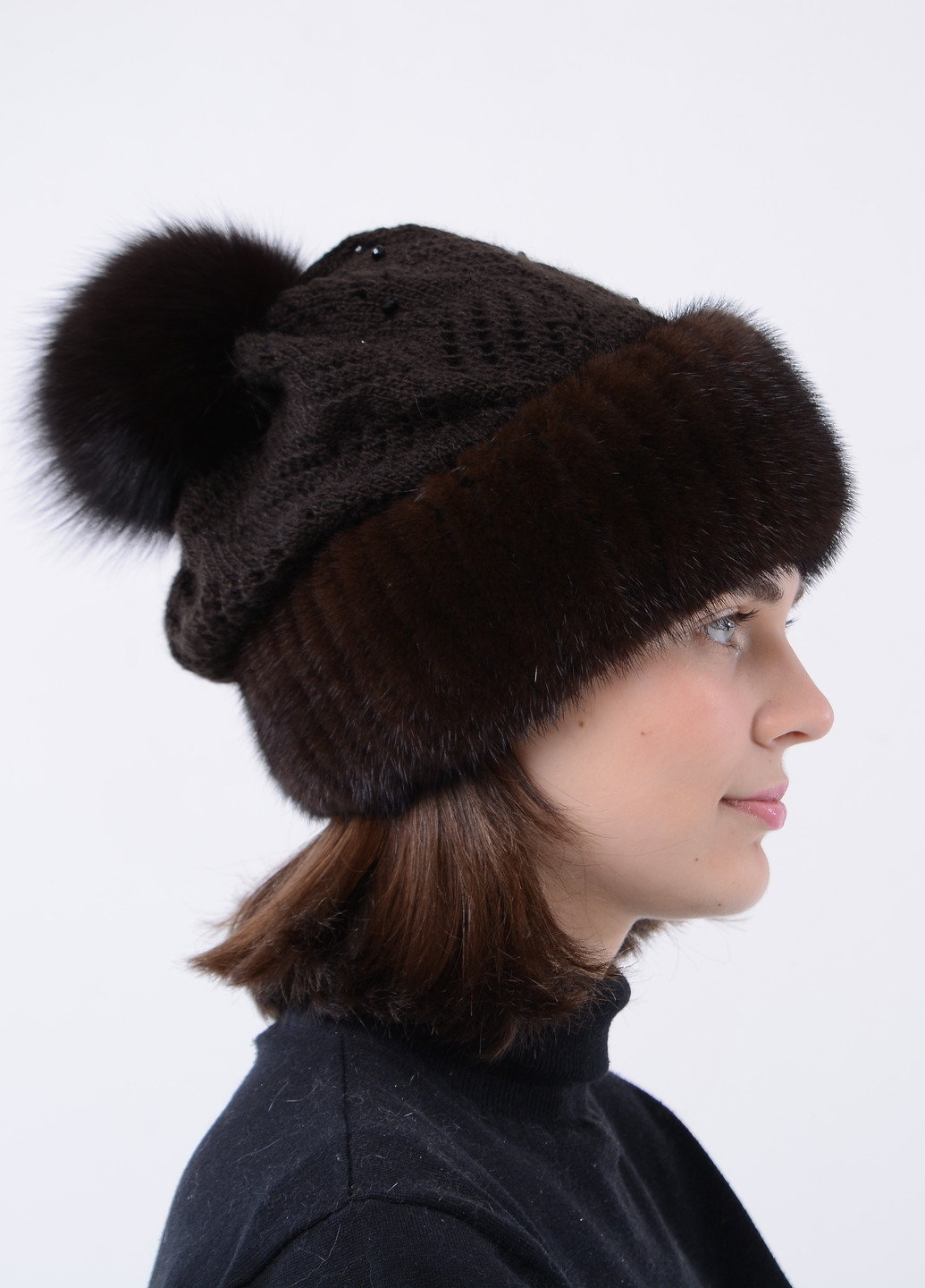 Женская вязаная норковая шапка с помпоном Меховой Стиль ажур (258653053)