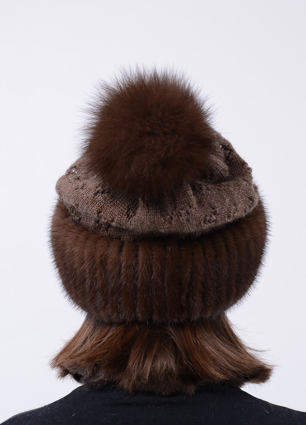 В'язана жіноча норкова шапка з помпоном Меховой Стиль ажур (258653062)