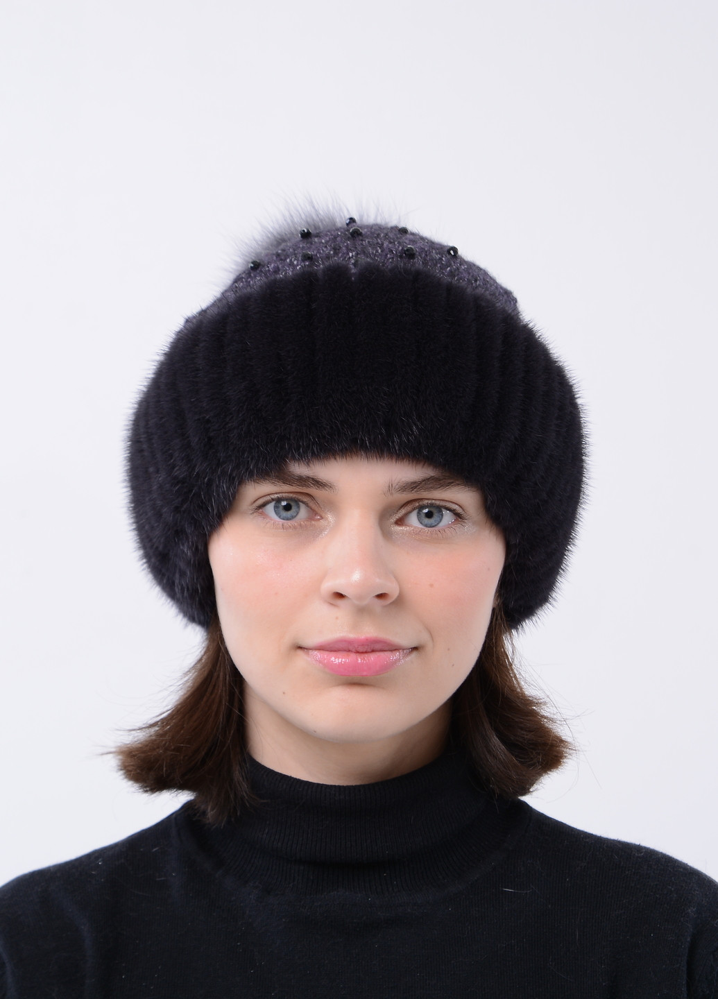 В'язана жіноча норкова шапка з помпоном Меховой Стиль ажур (258653051)