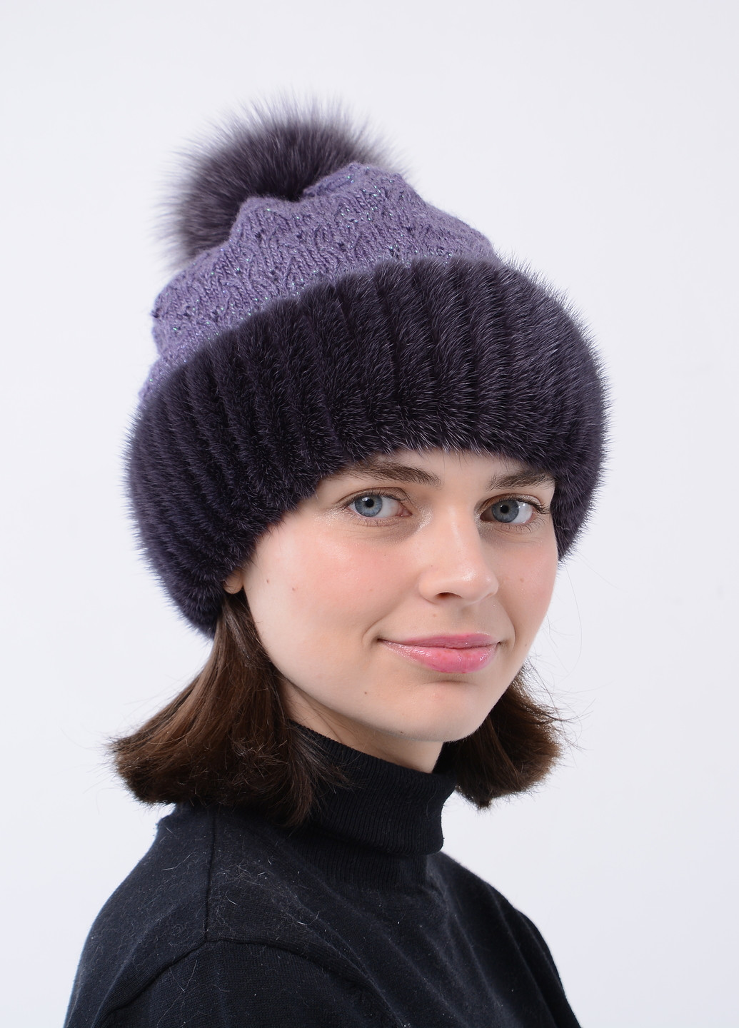 В'язана жіноча норкова шапка з помпоном Меховой Стиль ажур (258653060)