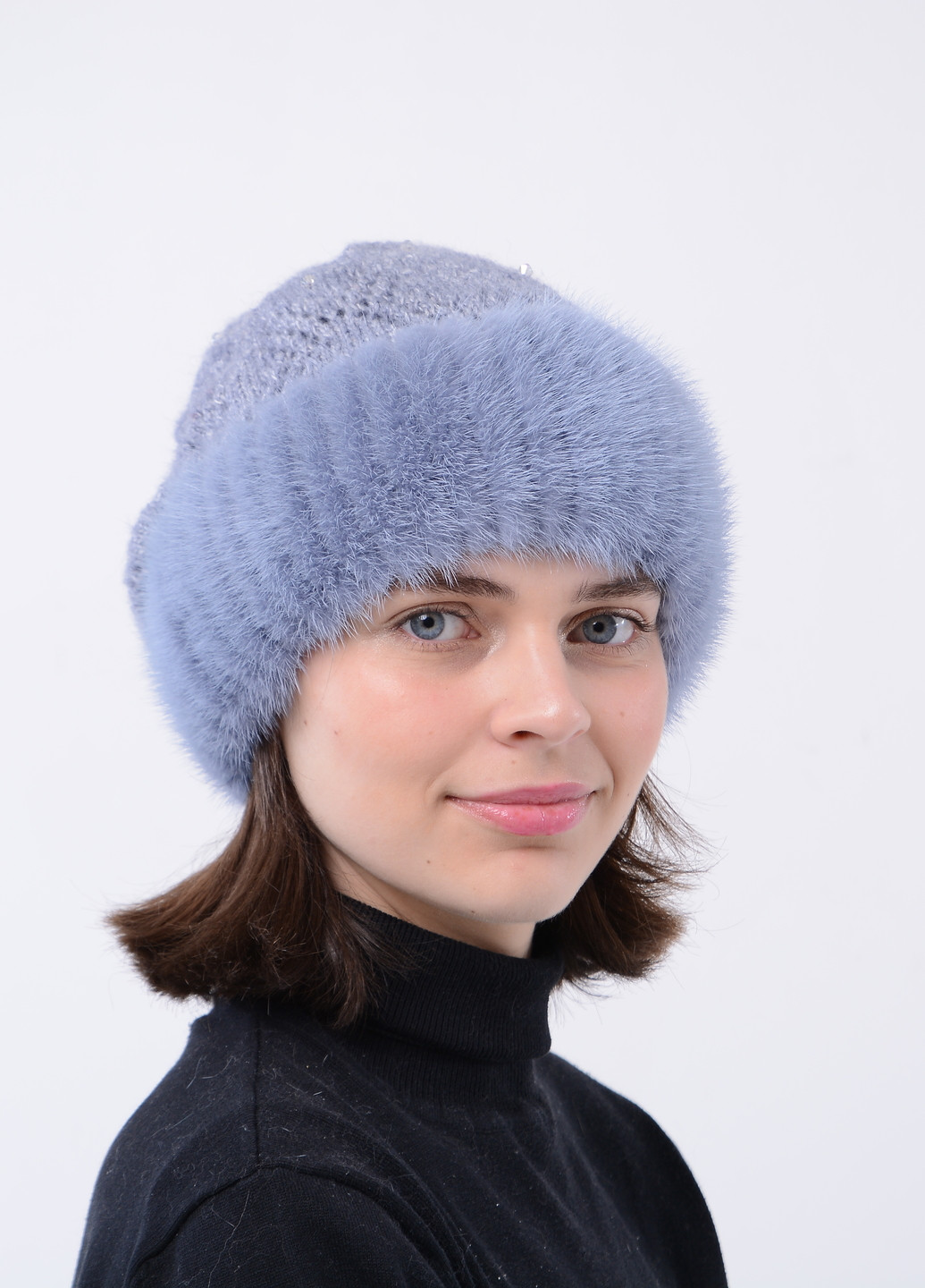 В'язана жіноча норкова шапка з помпоном Меховой Стиль ажур (258653058)