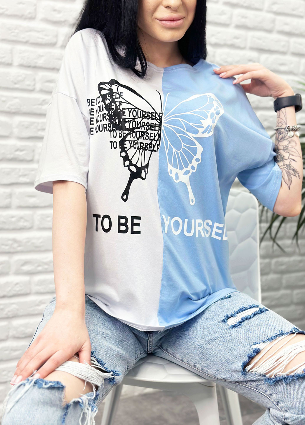 Голубая летняя летняя женская футболка с коротким рукавом Fashion Girl Butterfly