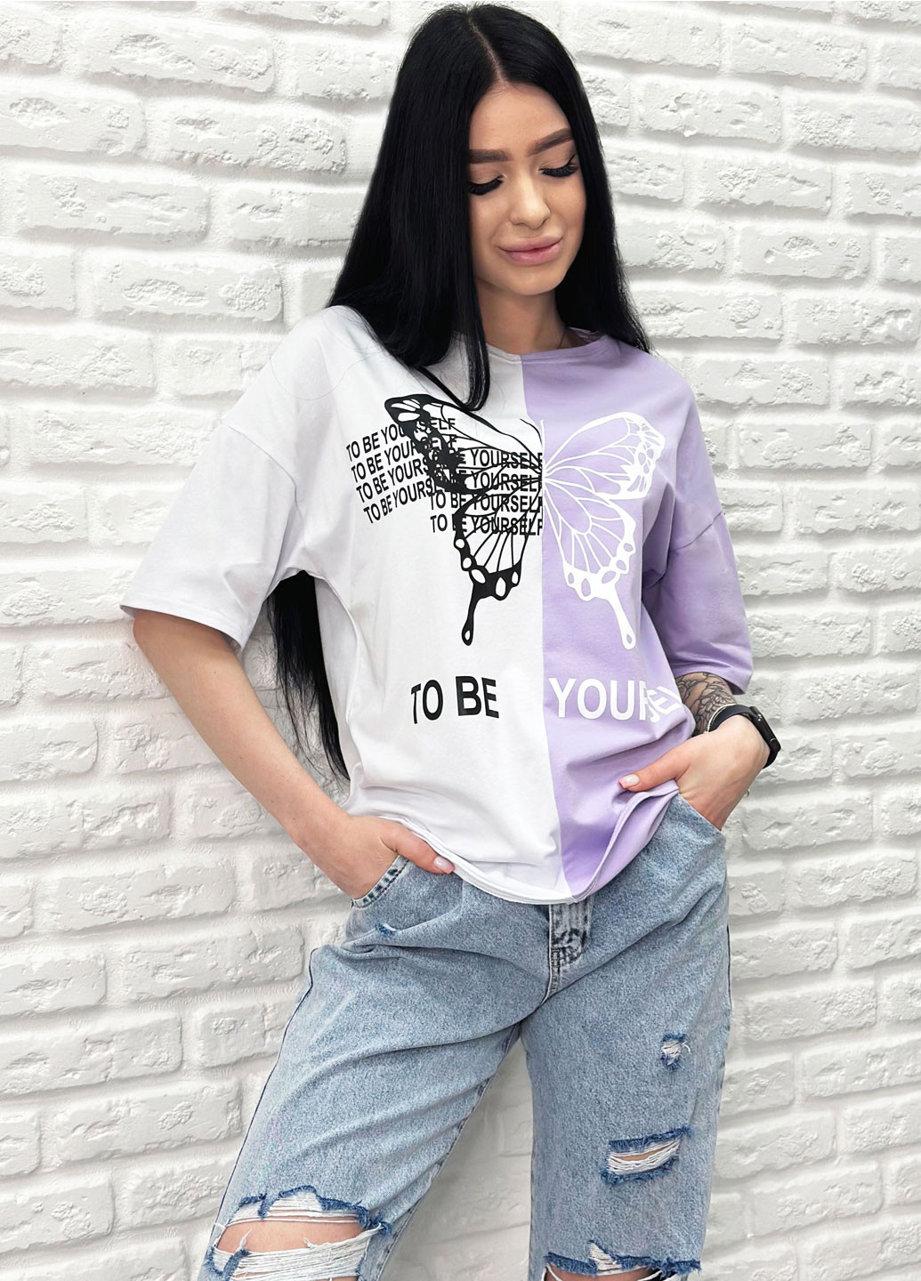 Лавандовая летняя летняя женская футболка с коротким рукавом Fashion Girl Butterfly