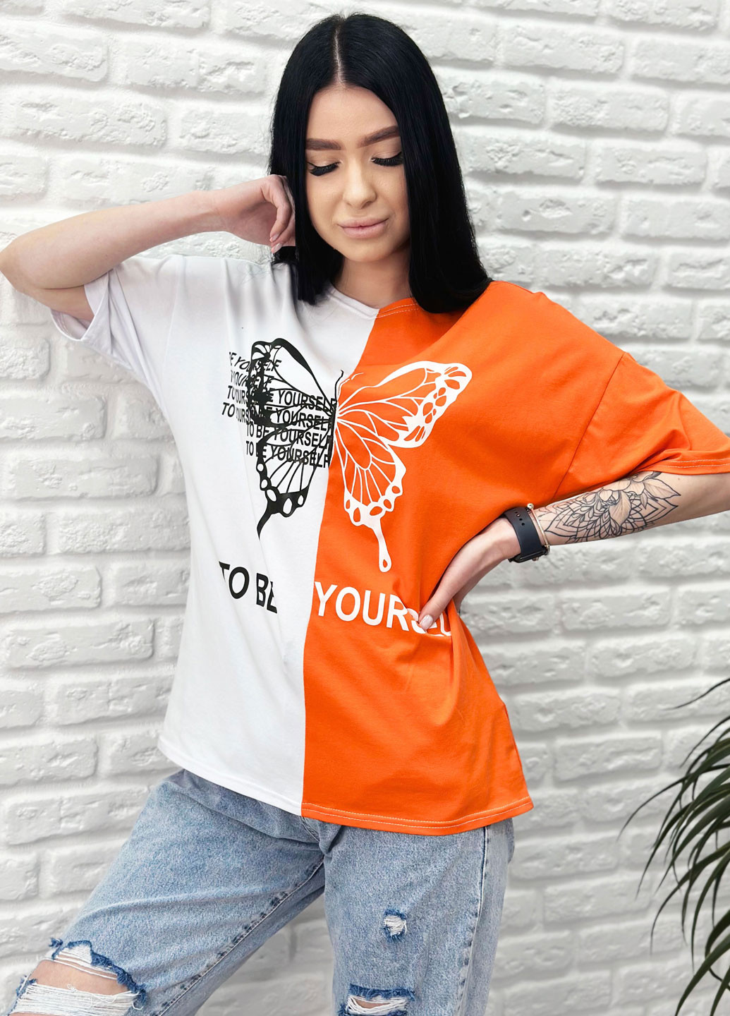 Оранжевая летняя летняя женская футболка с коротким рукавом Fashion Girl Butterfly