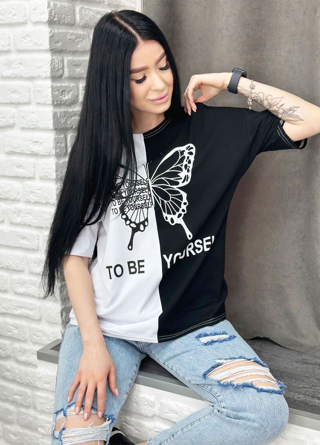 Чорна літня літня жіноча футболка з коротким рукавом Fashion Girl Butterfly