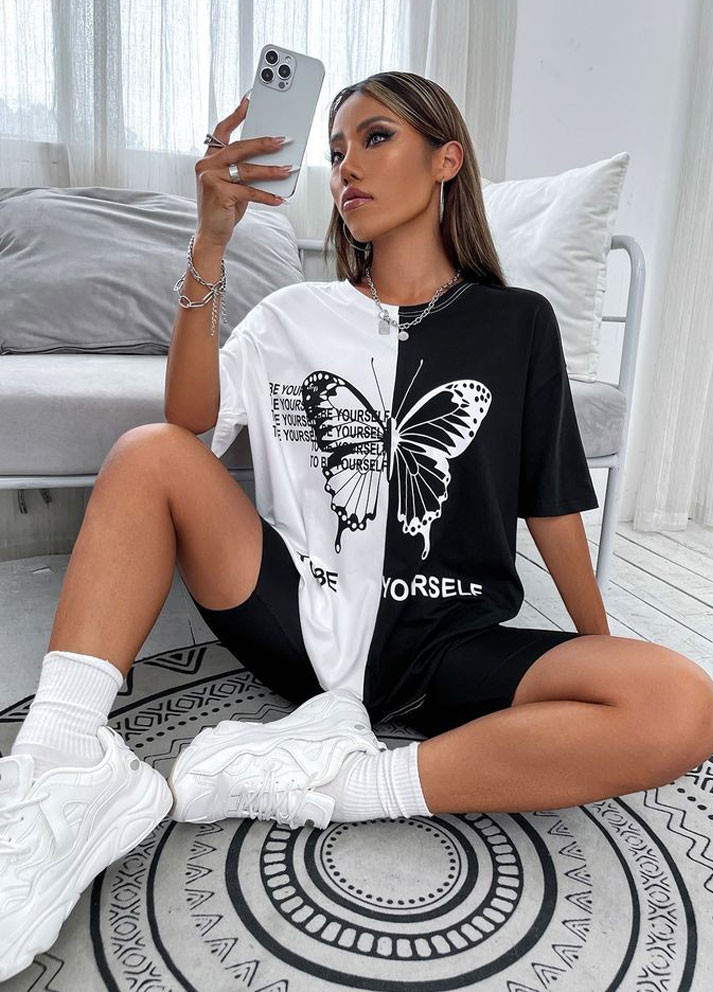 Чорна літня літня жіноча футболка з коротким рукавом Fashion Girl Butterfly