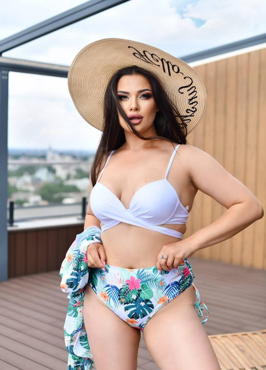 Комбінований розкішний пляжний комплект, купальник+туніка s m l xl 2xl 3xl(44 46 48 50 52 54) норма батал з принтом No Brand