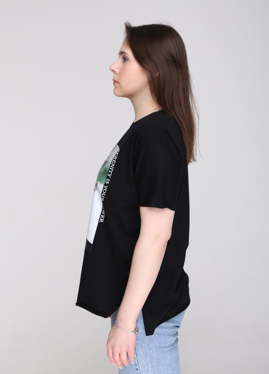 Черная всесезон футболка женская черная свободная с принтом с коротким рукавом JEANSclub Свободная