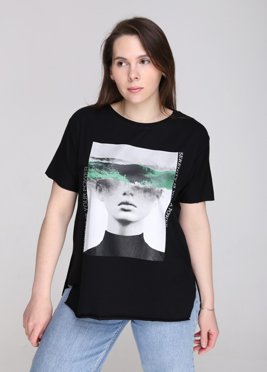 Чорна всесезон жіноча футболка чорна вільна з принтом з коротким рукавом JEANSclub Свободная