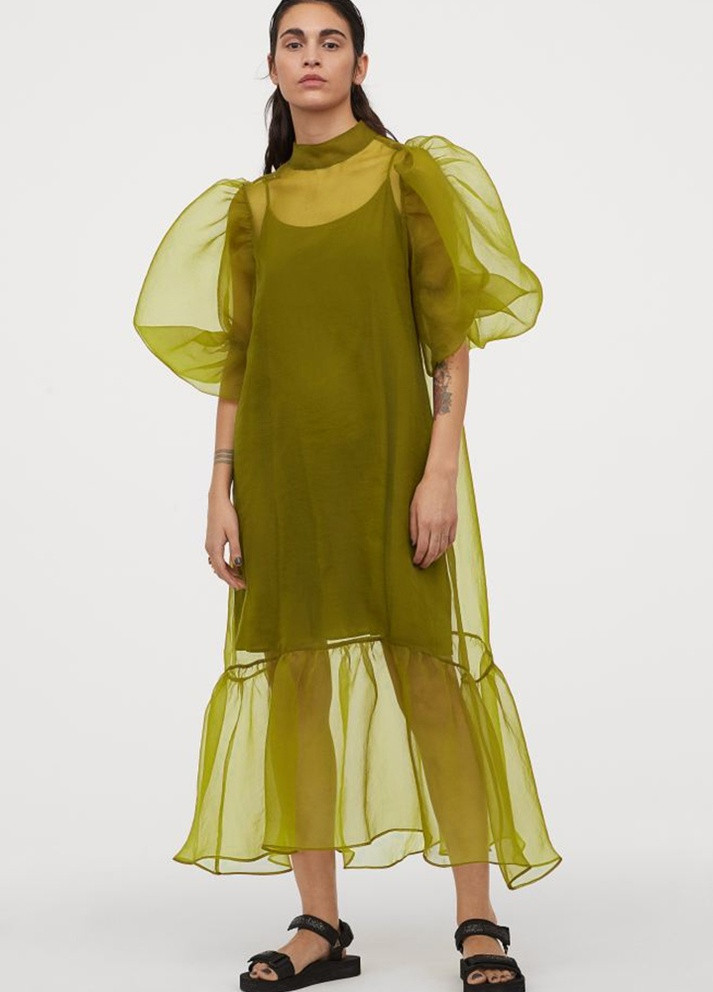 Оливкова (хакі) кежуал напівпрозора сукня з підкладкою H&M однотонна
