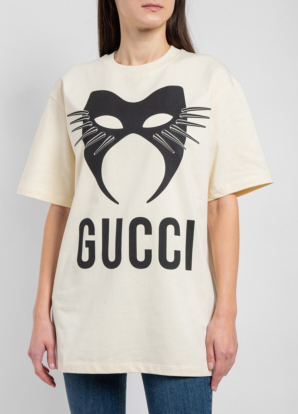 Бежевая летняя бежевая футболка oversize с логотипом Gucci