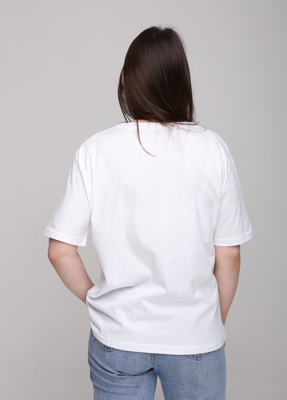 Біла всесезон футболка жіноча біла із зеленим з написом широка з коротким рукавом Whitney Свободная