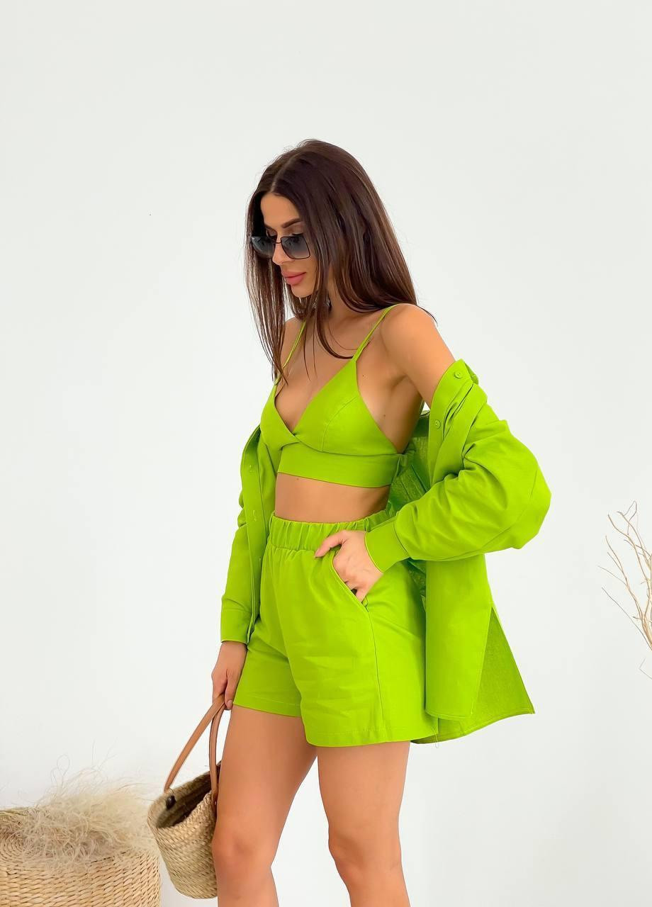 Женский летний костюм тройка рубашка+топ+шорты S-M L-XL (42-44 46-48) повседневный комплект салатовый No Brand (258906564)