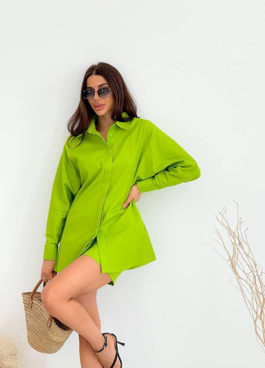 Женский летний костюм тройка рубашка+топ+шорты S-M L-XL (42-44 46-48) повседневный комплект салатовый No Brand (258906564)