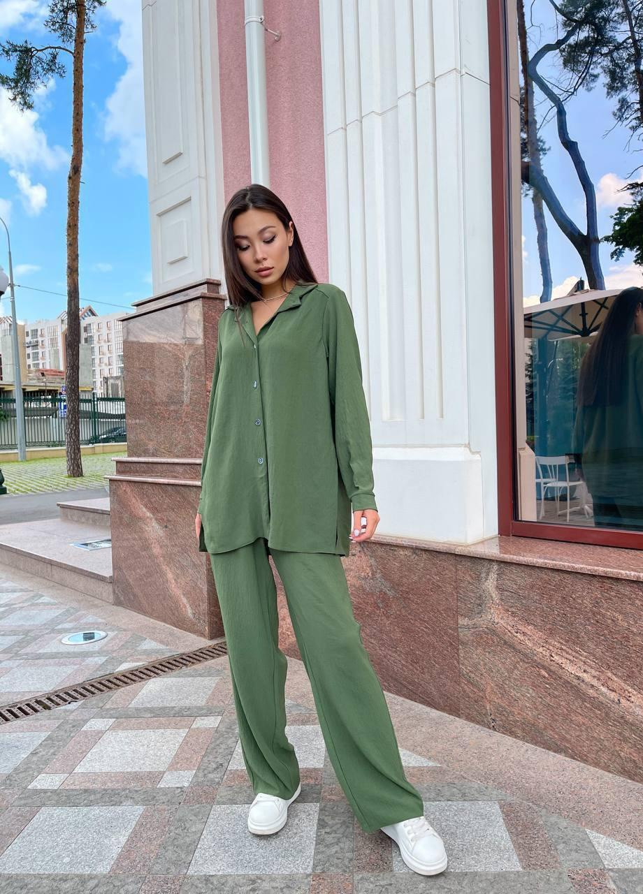Жіночий літній брючний костюм S-M L-XL (42-46 48-50) легкий (сорочка+штани кльош) хакі No Brand (258906574)