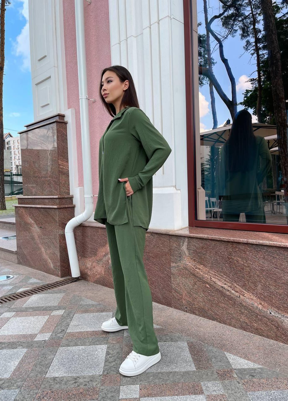 Жіночий літній брючний костюм S-M L-XL (42-46 48-50) легкий (сорочка+штани кльош) хакі No Brand (258906574)