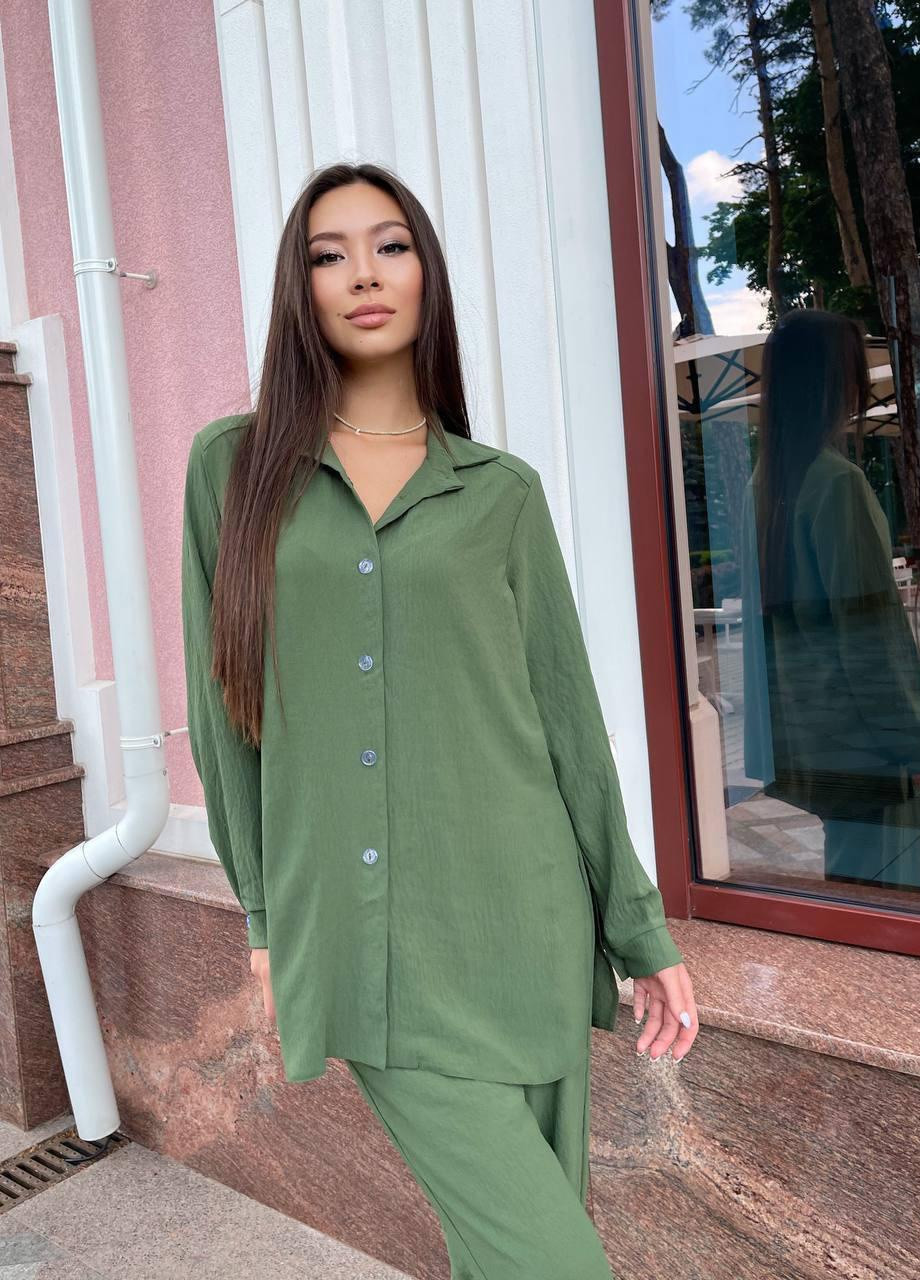Жіночий літній брючний костюм S-M L-XL (42-46 48-50) легкий (сорочка+штани кльош) хакі No Brand (258906574)