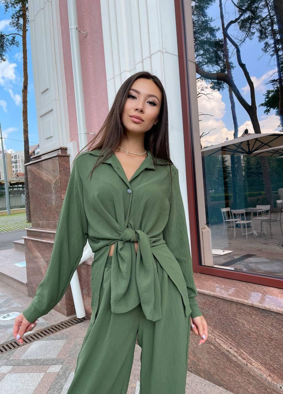 Жіночий літній брючний костюм S-M L-XL (42-46 48-50) легкий (сорочка+штани кльош) хакі No Brand (258906574)