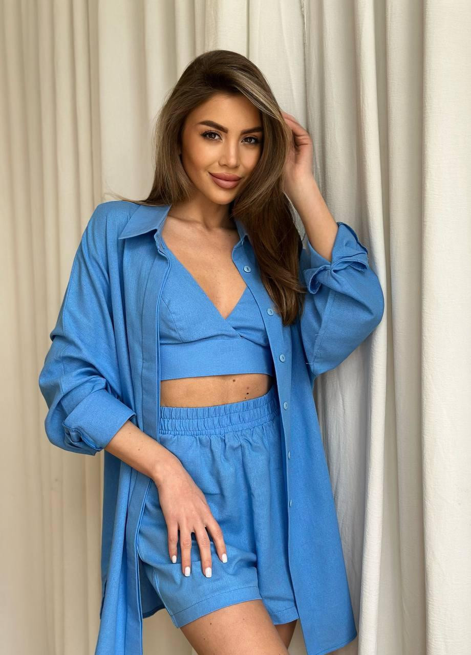 Жіночий літній костюм трійка сорочка+топ+шорти S-M L-XL (42-44 46-48) повсякденний комплект блакитний No Brand (258906592)