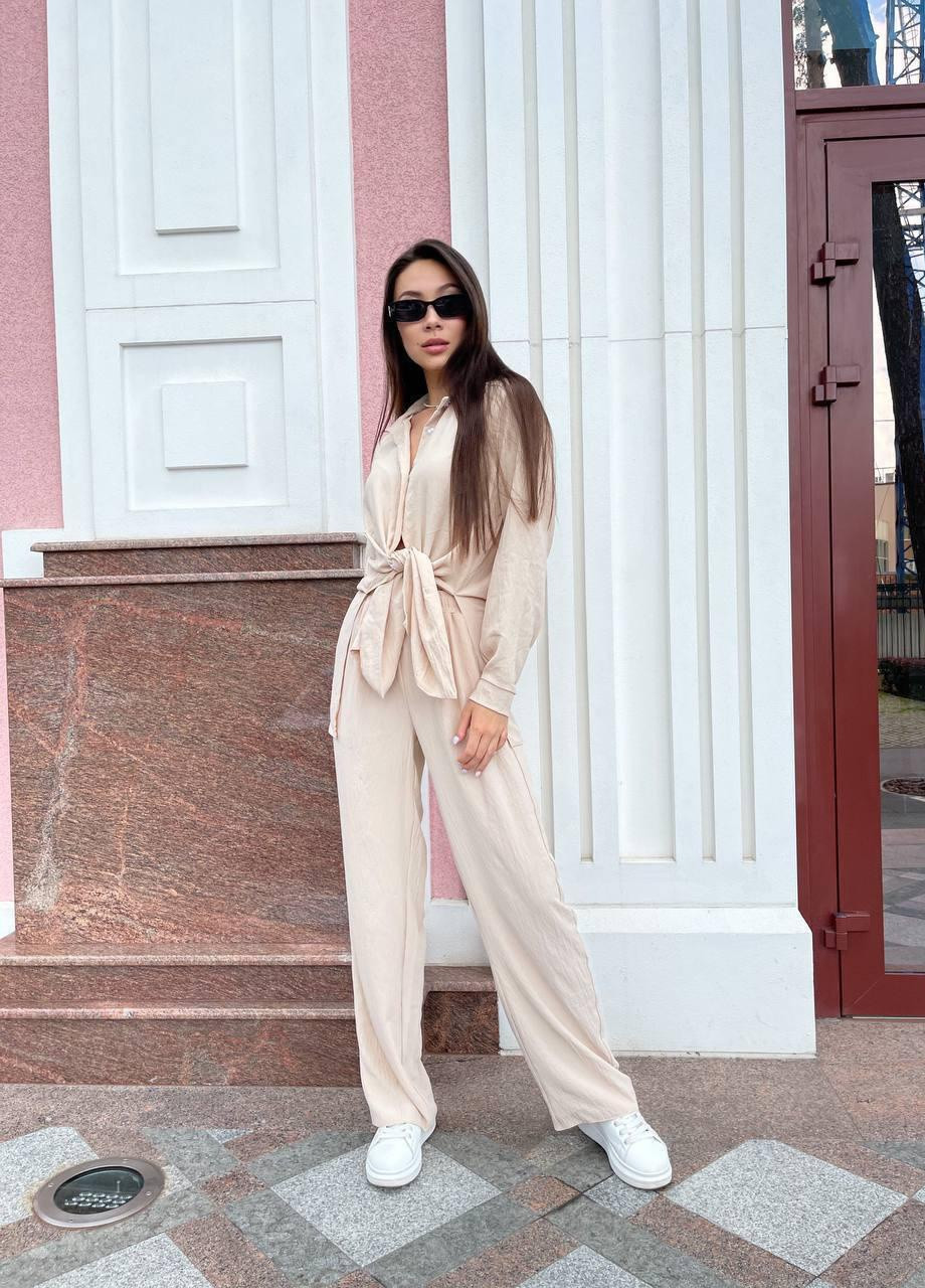 Жіночий літній брючний костюм S-M L-XL (42-46 48-50) легкий (сорочка+штани кльош) молочний No Brand (258906566)