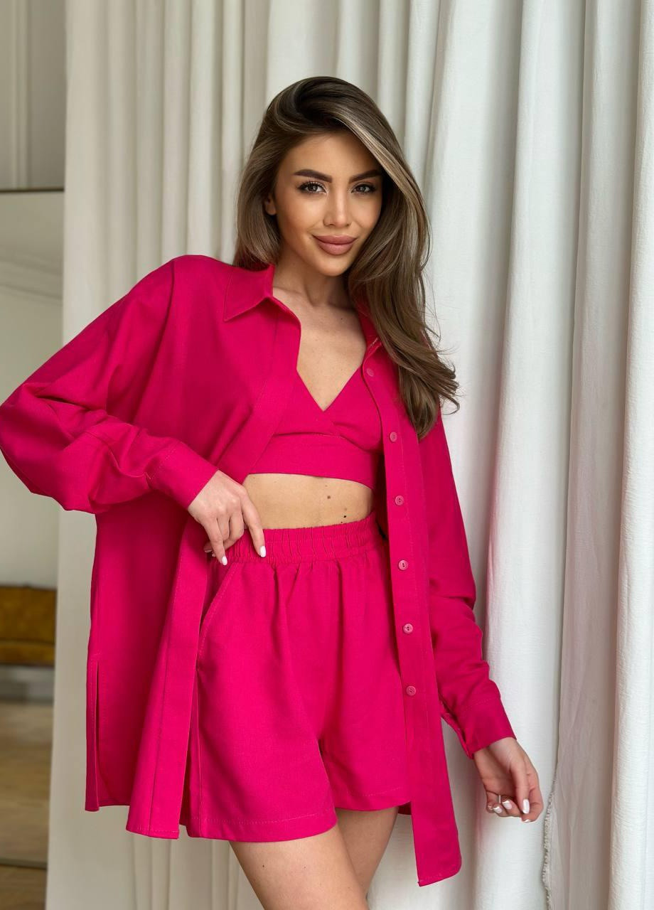 Женский летний костюм тройка рубашка+топ+шорты S-M L-XL (42-44 46-48) повседневный комплект малиновый No Brand (258906583)