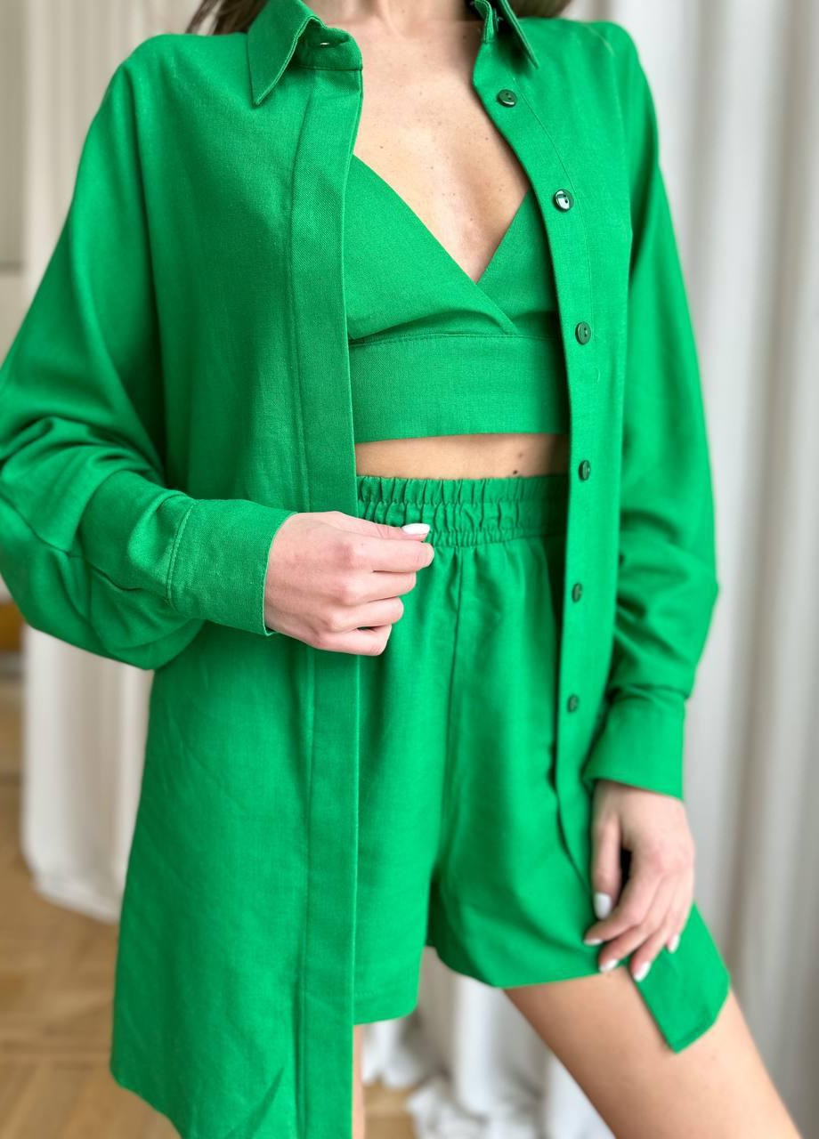 Женский летний костюм тройка рубашка+топ+шорты S-M L-XL (42-44 46-48) повседневный комплект зеленый No Brand (258906551)