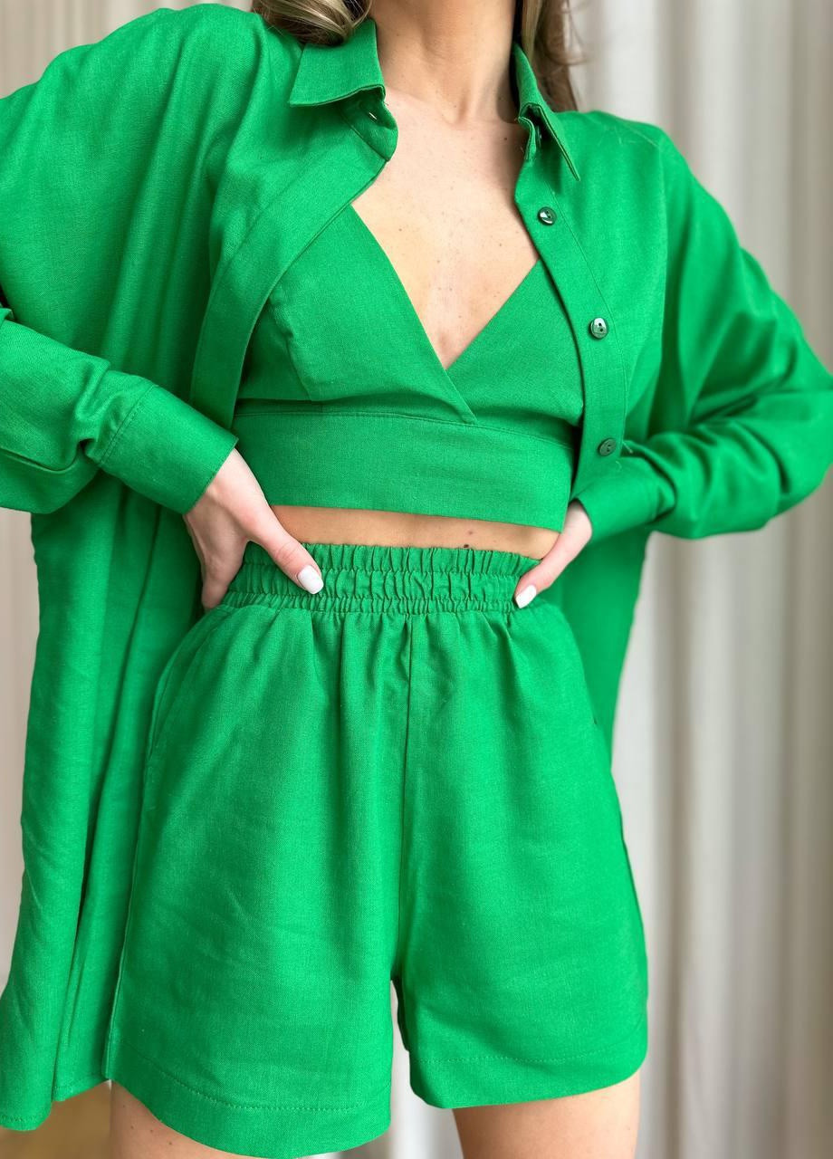 Женский летний костюм тройка рубашка+топ+шорты S-M L-XL (42-44 46-48) повседневный комплект зеленый No Brand (258906551)