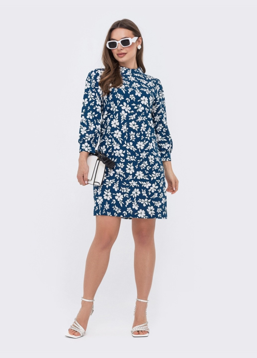 Синее льняное платье свободного кроя в цветочный принт Dressa