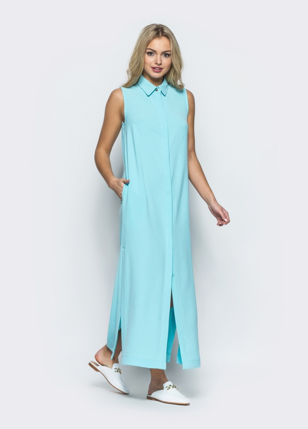 Блакитна синє плаття-халат з прорізними кишенями Dressa