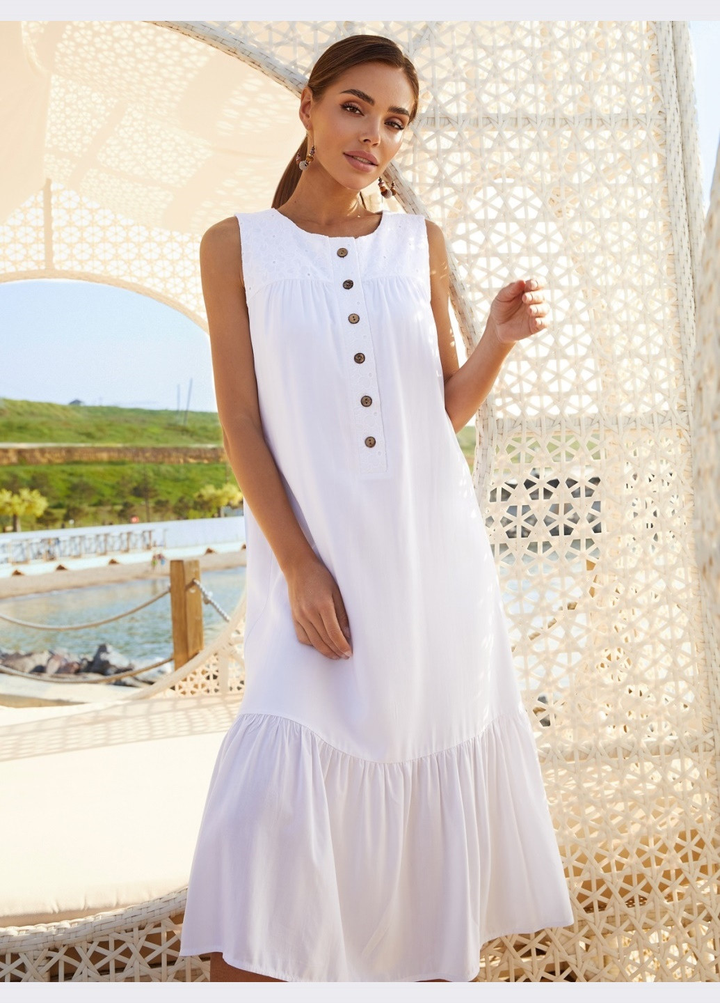 Белое белое платье-трапеция из хлопка без рукавов Dressa