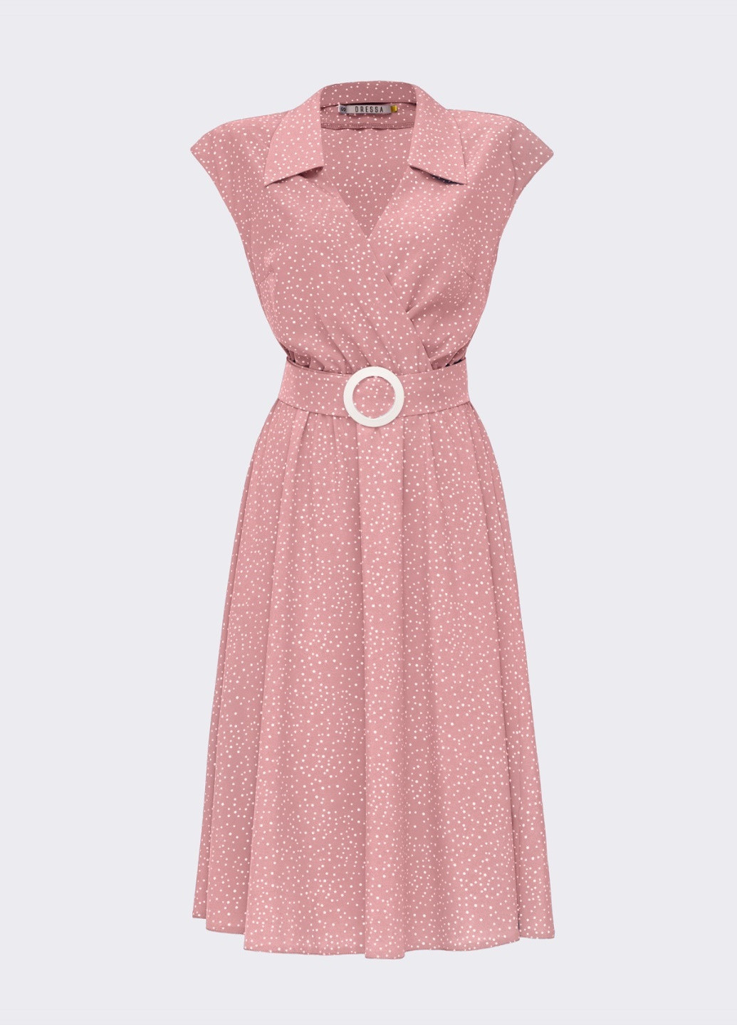 Розовое кэжуал расклешенное кежуал платье в горох с лифом на запах розовое клеш Dressa в горошек