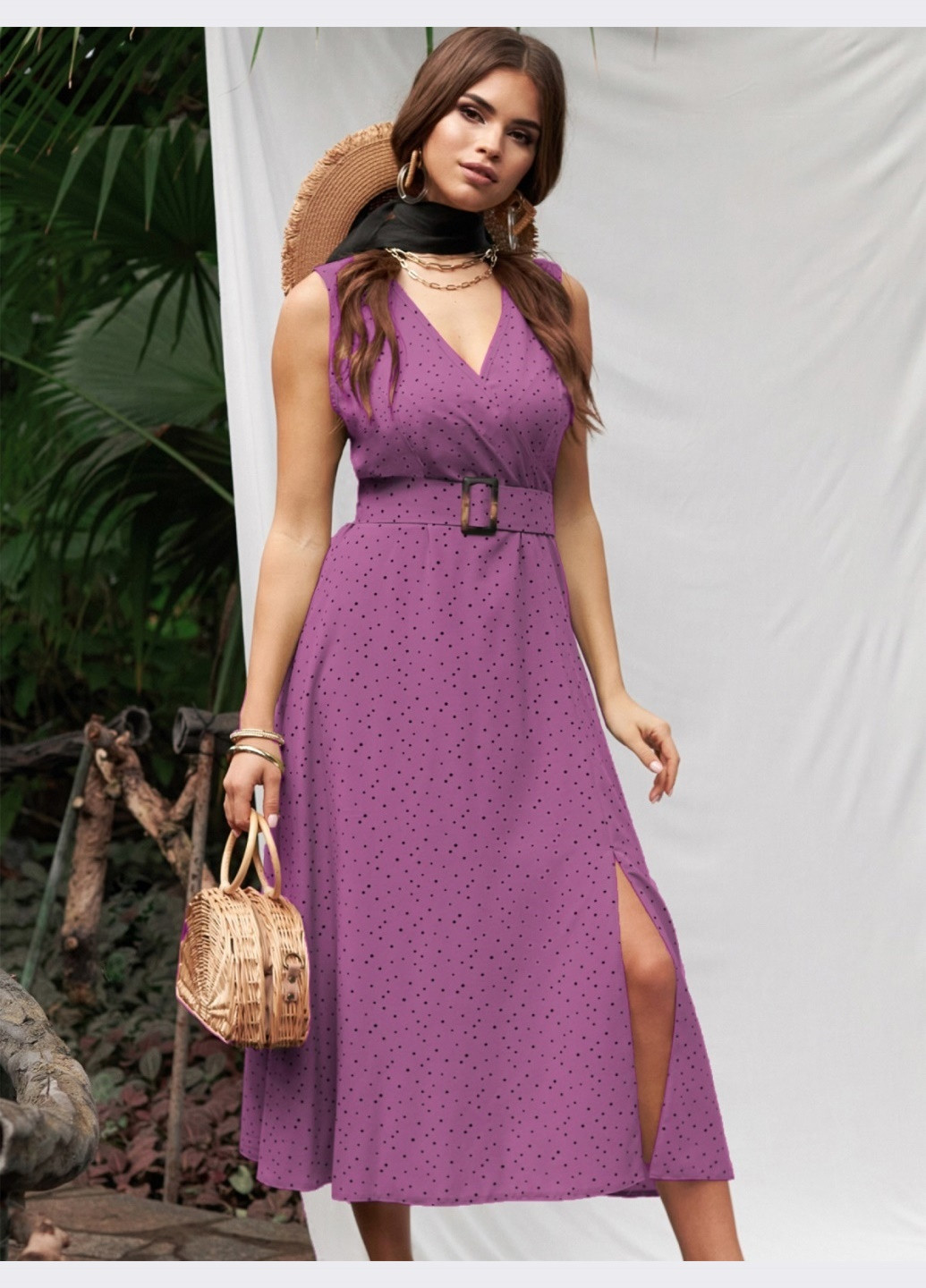 Фиолетовое фиолетовое платье из софта с поясом Dressa