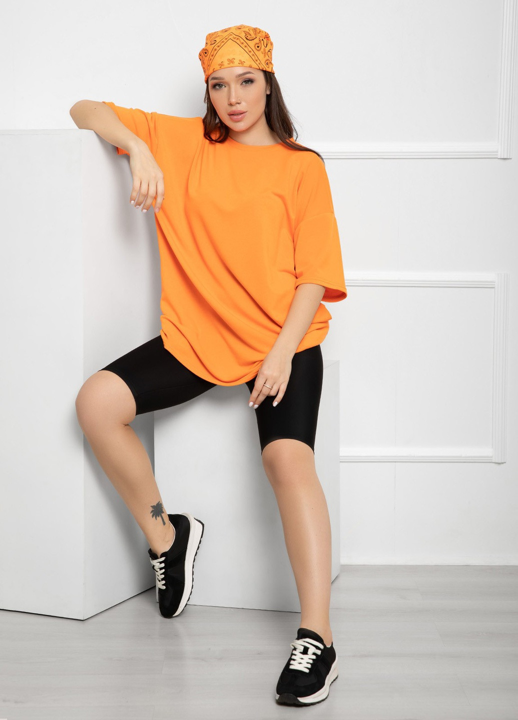 Оранжевая летняя футболка женская с коротким рукавом ISSA PLUS 12594
