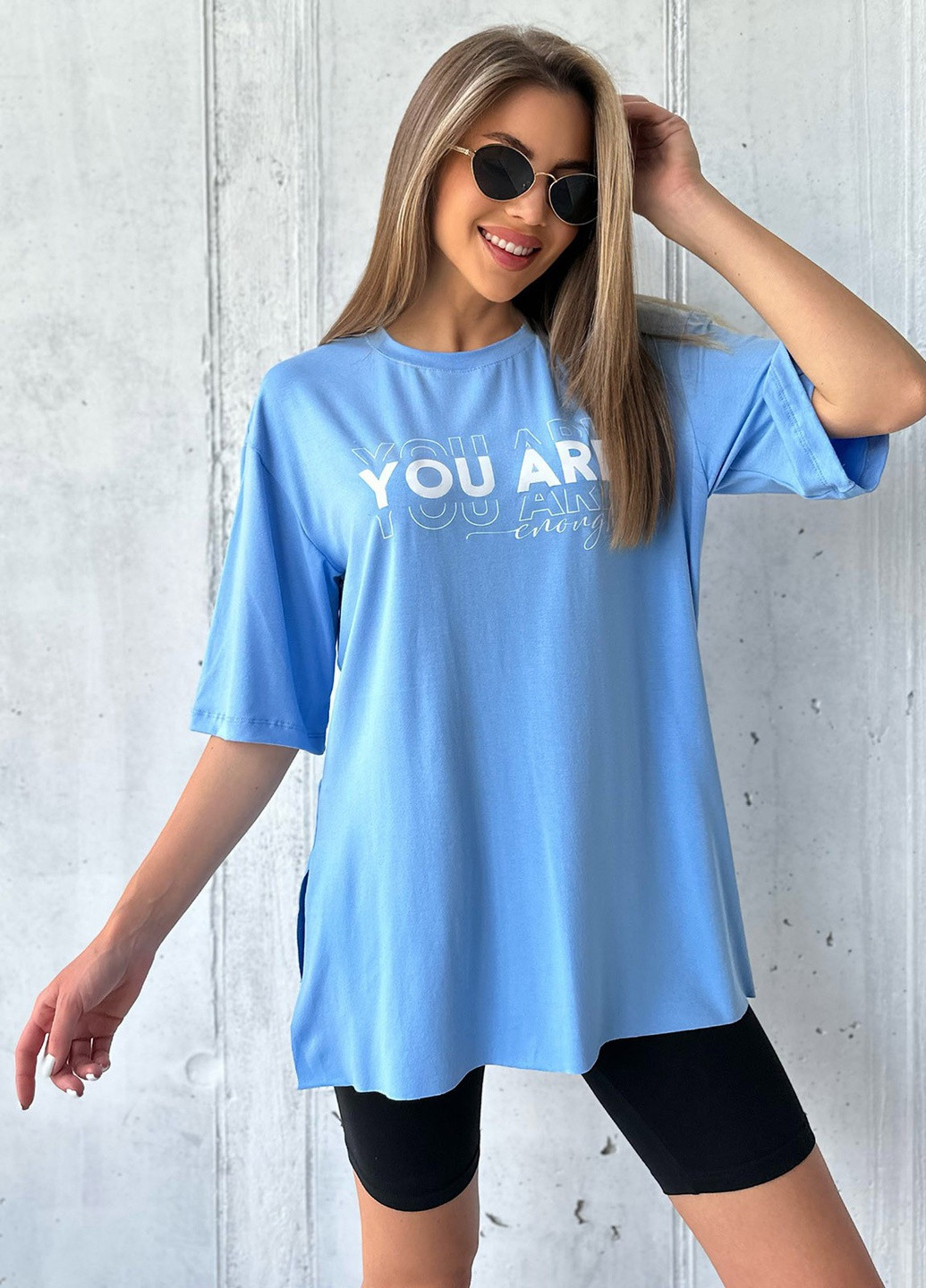 Голубая летняя футболка женская с коротким рукавом ISSA PLUS 13978