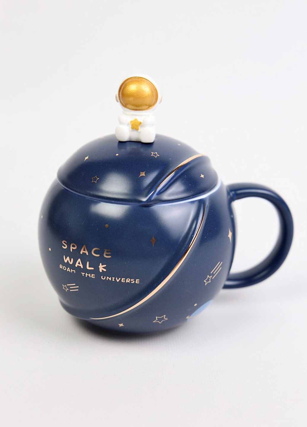Чашка з кришкою і ложкою керамічна з космонавтом 350 мл Синя No Brand (259000116)