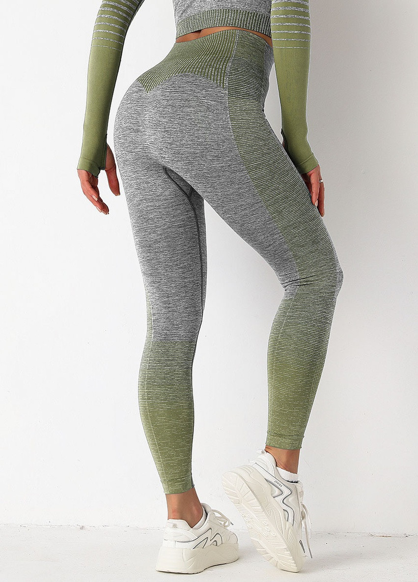 Комбинированные демисезонные леггинсы женские спортивные 9656 s серые с зеленым Fashion